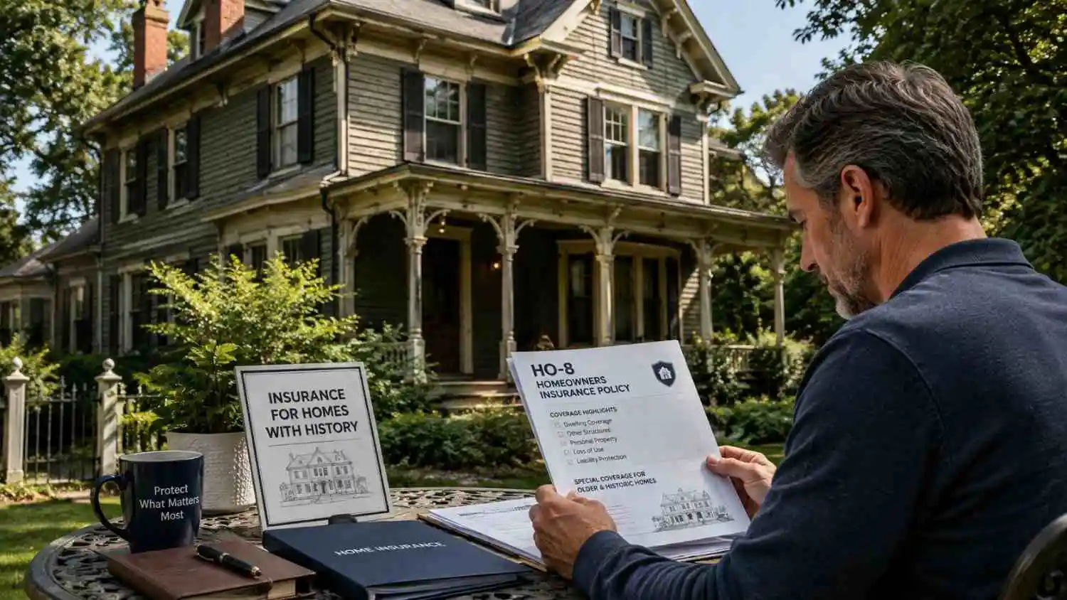 Homeowner reviewing an HO-8 insurance policy