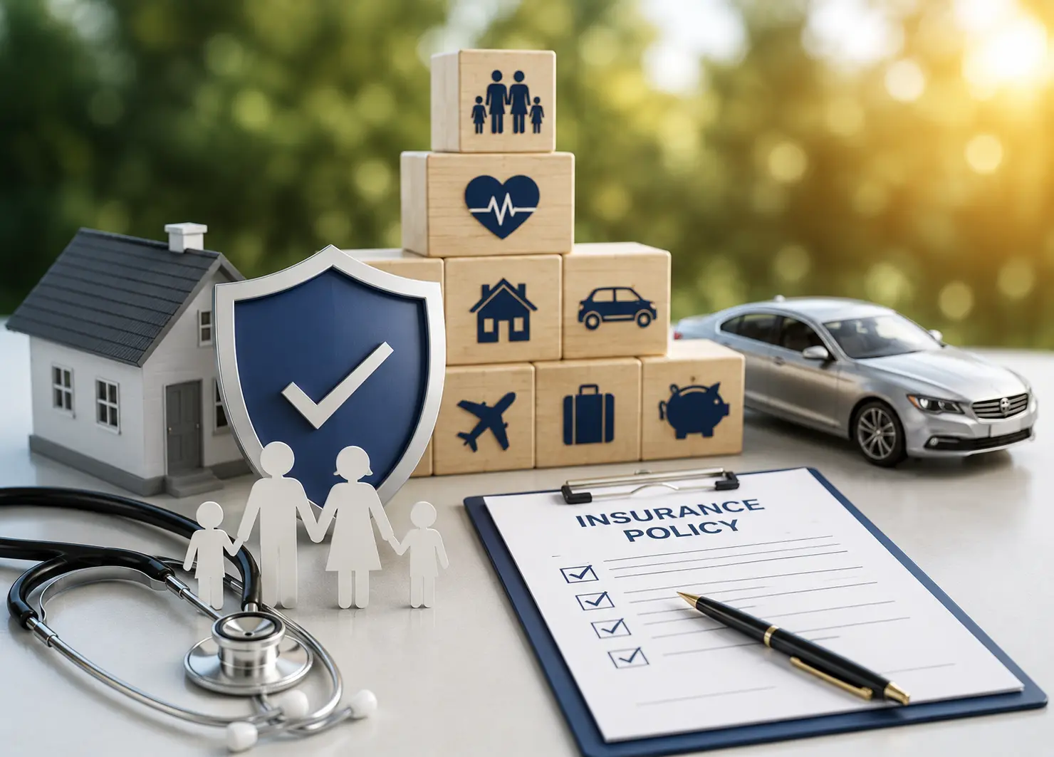 Insurance policy covering home, health, auto, travel and family protection