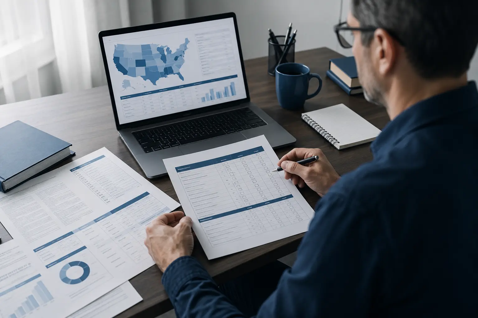 Insurance researcher reviewing policy documents