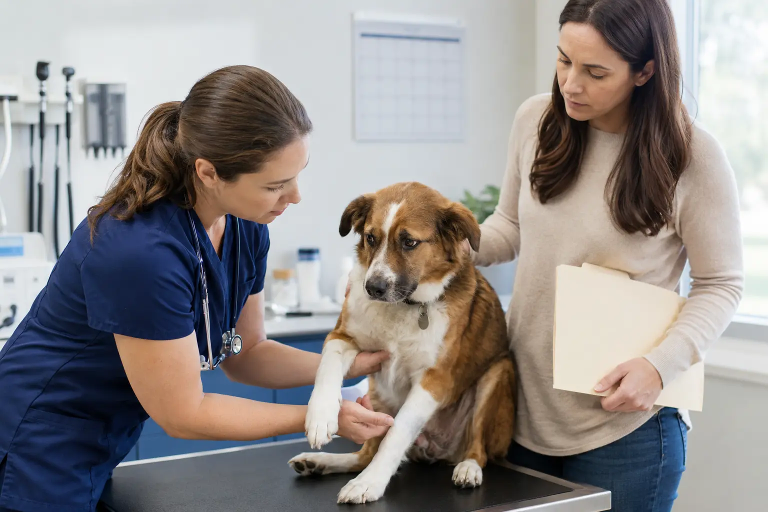 Veterinarian examining an injured dog during a pet insurance waiting period