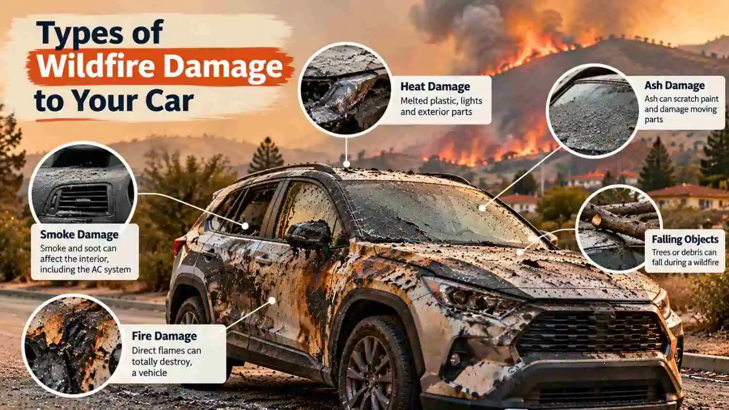 Wildfire damage to a car in California